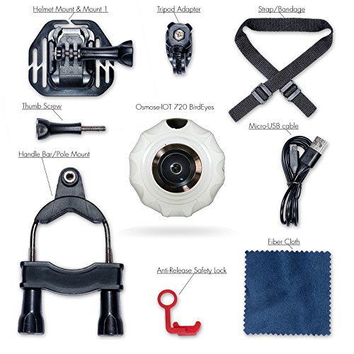 Osmose IOT BirdEyes SPHÄRISCHE 360 GRAD PANORAMA-KAMERA 2x8.0 MP CMOS 4K 30FPS Video 16MP@6080*3040 Pixel Foto | 1600mAh Batterie | Enthält 360° Camera, Tripod, Stativ Hardware und Selfie-Stick (Weiß) - 