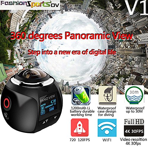 niceEshop(TM) 4K 360 Grad Panorama Kamera Wifi Ultra HD 2448x2448 Mini Sport Action Driving VR Kamera, Schwarz -