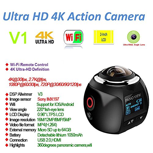 niceEshop(TM) 4K 360 Grad Panorama Kamera Wifi Ultra HD 2448x2448 Mini Sport Action Driving VR Kamera, Schwarz -